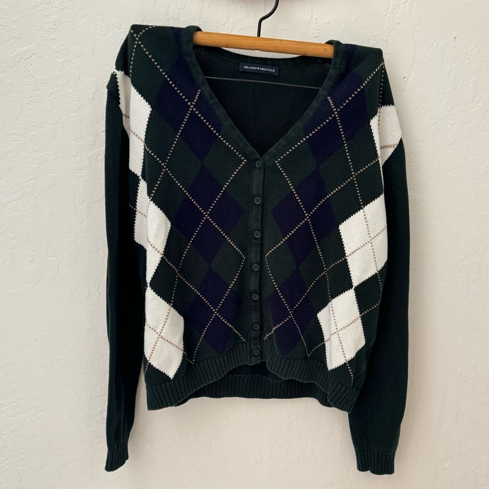 brandy melville argyle cardigan Green Navy Blue White One Size - Picture 2 of 8
